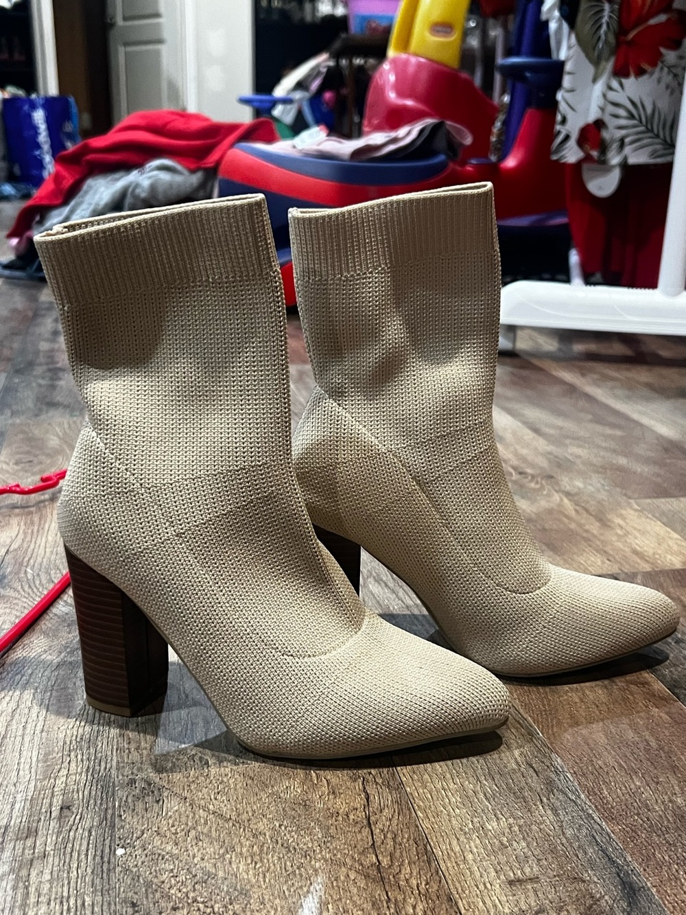 Women's Beige Knit Sock Booties with Block Heel by Cuccoo